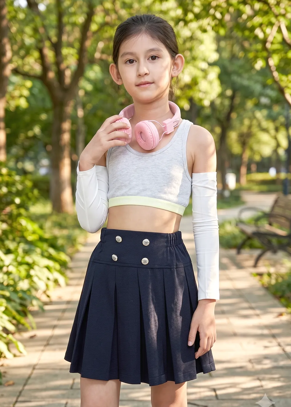 兒童戴著粉色耳機配戴白色吸濕速乾防曬手臂套,在公園樹蔭步道休閒散步穿搭