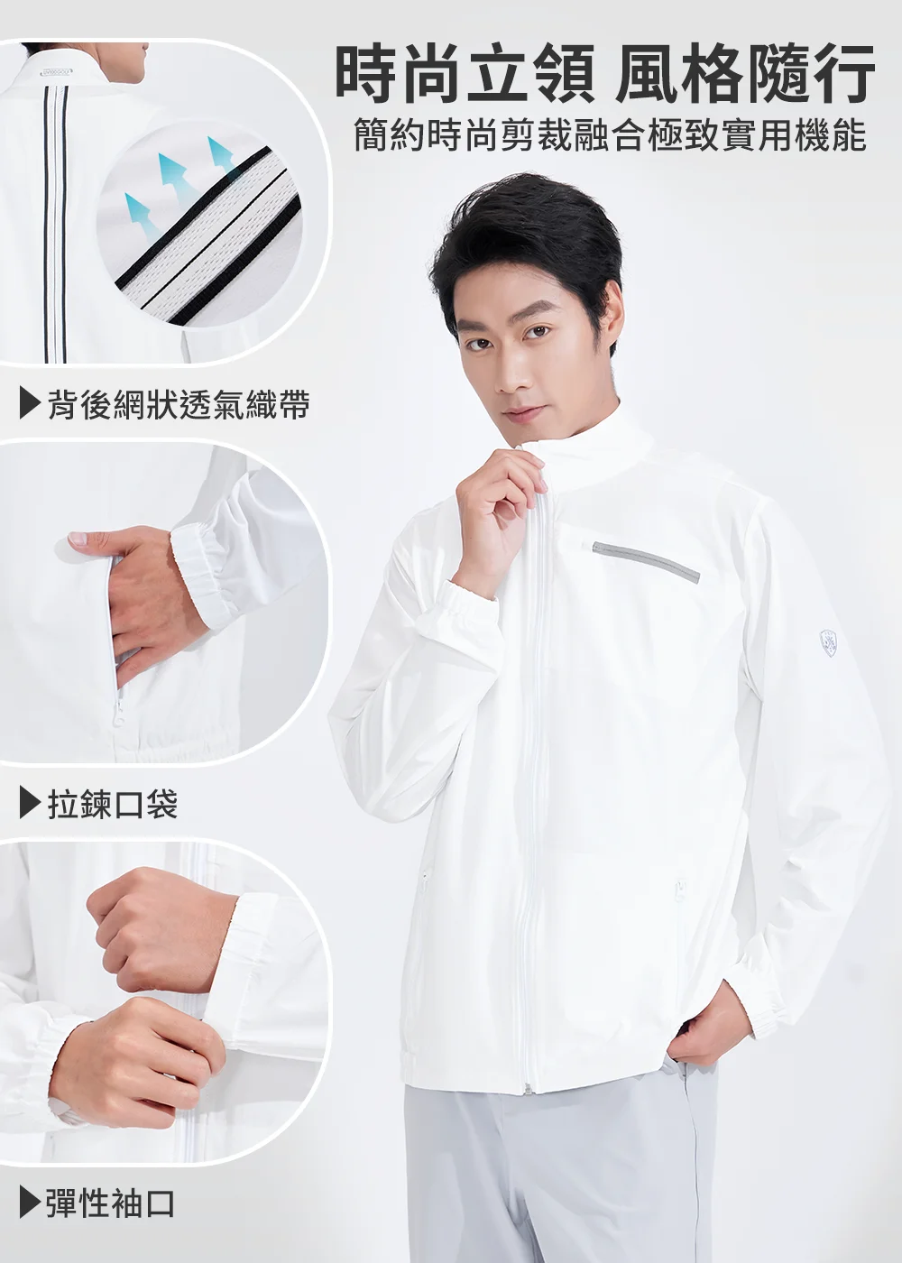 產品機能與核心構造全解析:1. 衣服轉向後方特寫 背後網狀透氣織帶 釋放悶熱、2. 手部插入側邊 拉鍊口袋 確保安全收納、3. 雙手拉動 彈性袖口 展示舒適不勒手腕的彈力科技,展現「時尚立領、風格隨行」的極致實用機能。