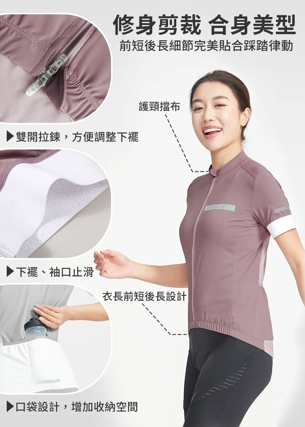 產品特點構造全解析:清楚標示雙開拉鍊與護頸擋布 的精緻做工、下擺與袖口止滑細節 的微針織網格紋路,以及 後片口袋收納空間 放水壺的實用特寫,全面呈現修身剪裁、合身美型與前短後長貼合踩踏律動的工藝特點。