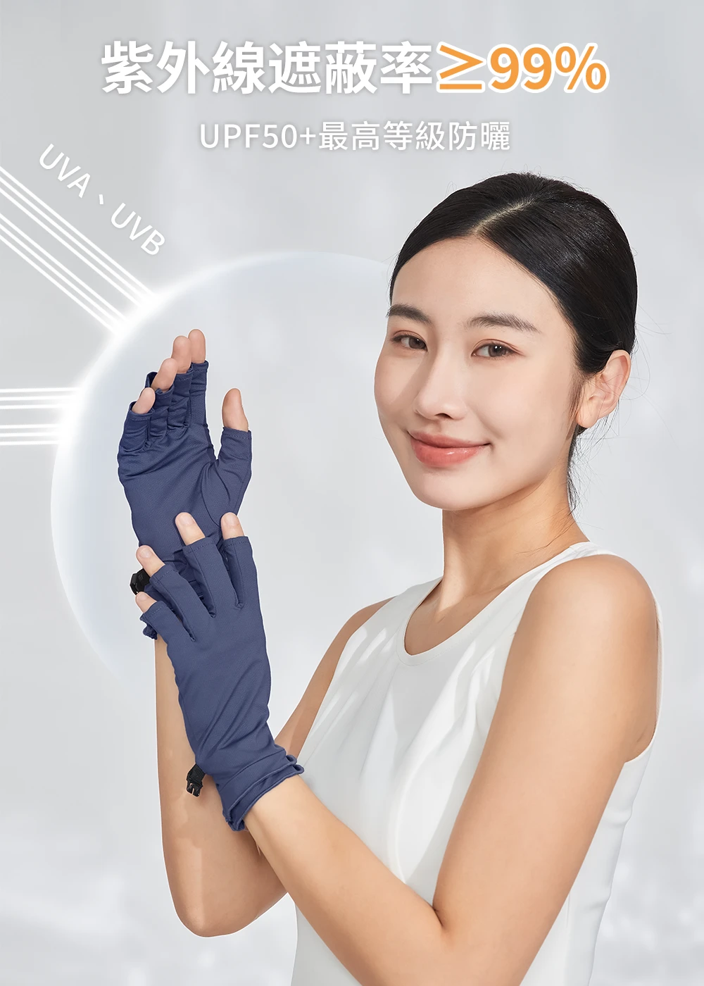 UPF50+ 最高等級防曬手套,紫外線遮蔽率大於等於 99%,有效阻隔 UVA 及 UVB 紫外線傷害