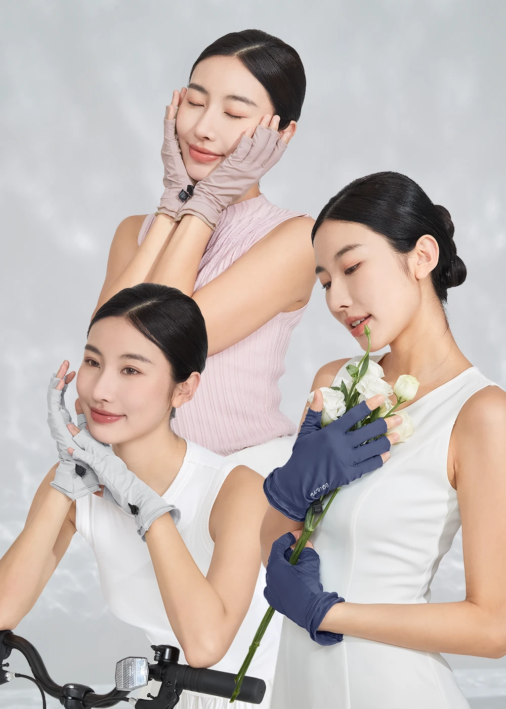 APEX 涼感保濕防曬手套多色展示,包含灰色、粉色與深藍色,適用於戶外騎車與日常穿搭防曬
