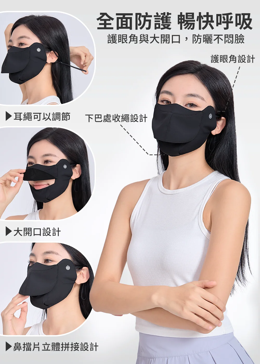 產品機能構造全解析:清楚標示立體護眼角設計、下巴處收繩細節、口鼻大開口結構、可調節耳繩與鼻擋片立體拼接,全面呈現夏日全面防護與暢快呼吸的風格優勢。