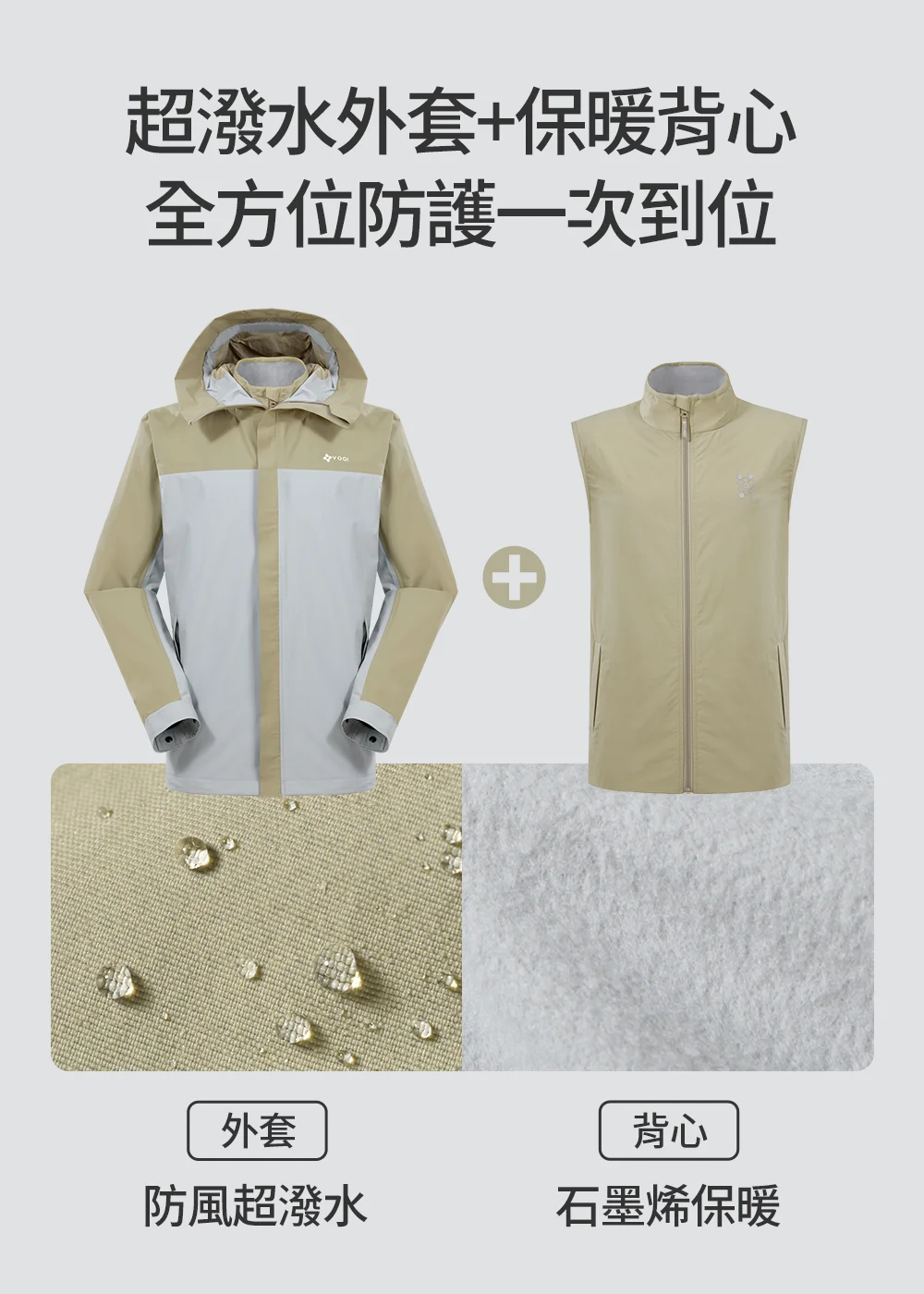 UV100 防風超潑水外套搭配石墨烯保暖背心,展示外套與背心的分層穿搭組合,兼具防風防潑水與保暖機能,適合秋冬戶外活動。