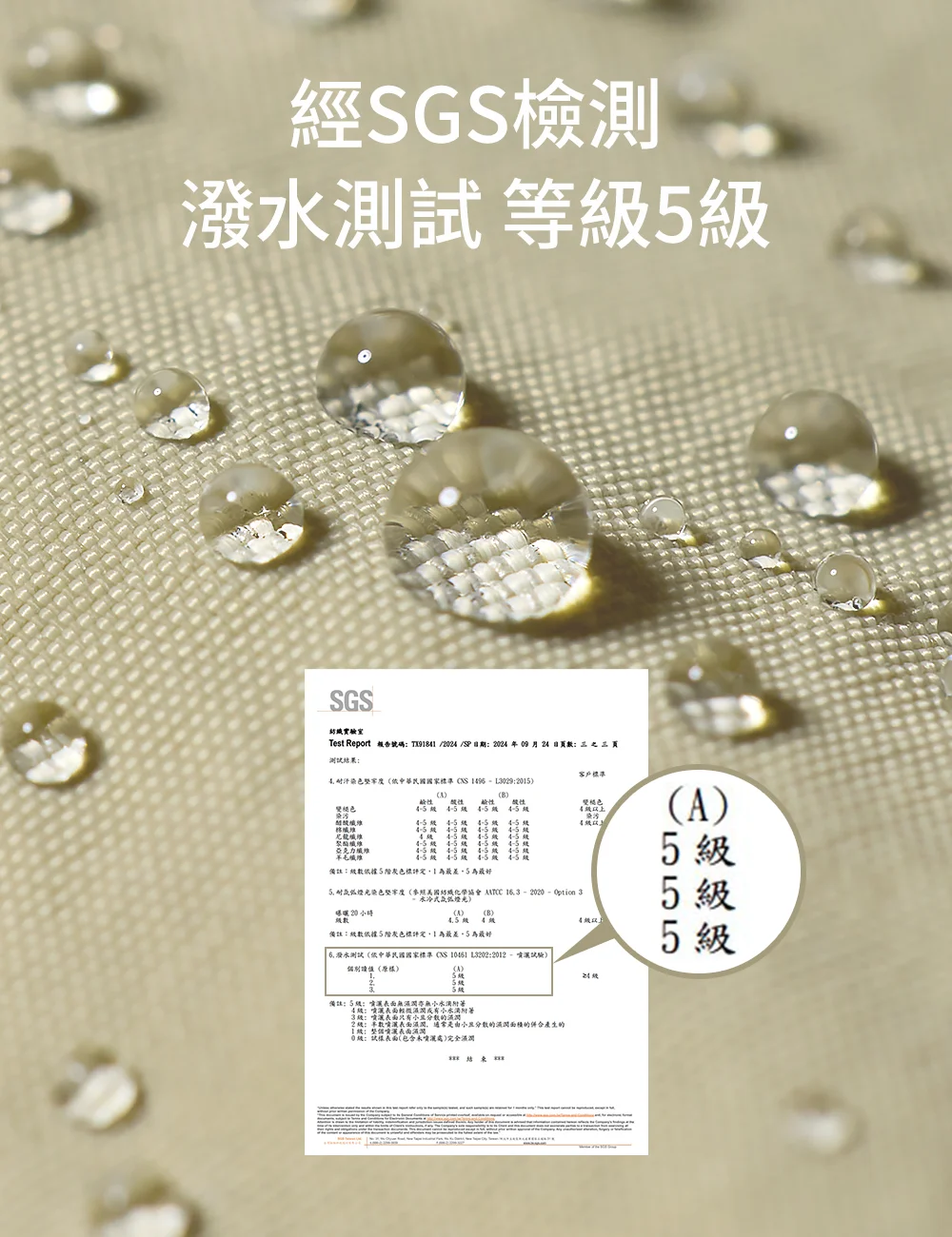 UV100 防風外套超潑水面料近拍,布料表面形成清晰水珠,搭配 SGS 檢測報告展示潑水測試等級 5 級,呈現機能布料的防潑水特色。