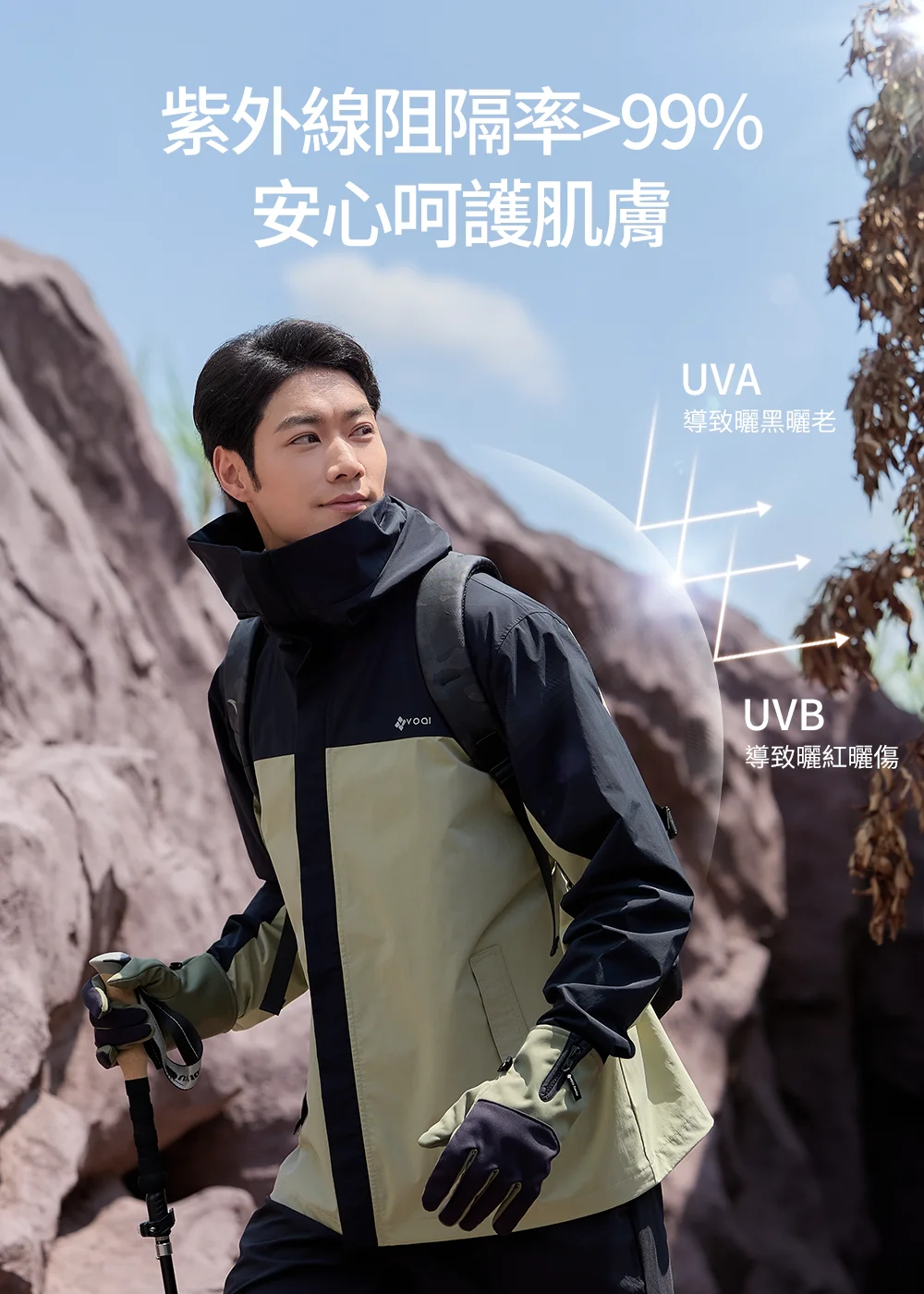 UV100 男款防風防潑水連帽外套戶外穿搭,搭配登山背包與登山杖,呈現紫外線阻隔率大於 99% 的商品防曬資訊,適合登山及戶外旅行。