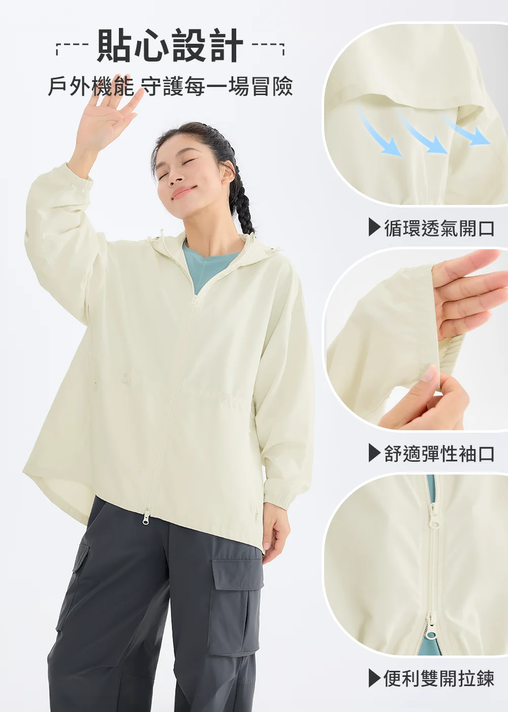 產品細節解析圖。右側圓形圖示解析「循環透氣開口」、「舒適彈性袖口」與方便調整的「便利雙開拉鍊」。貼心設計,戶外機能守護每一場冒險」。