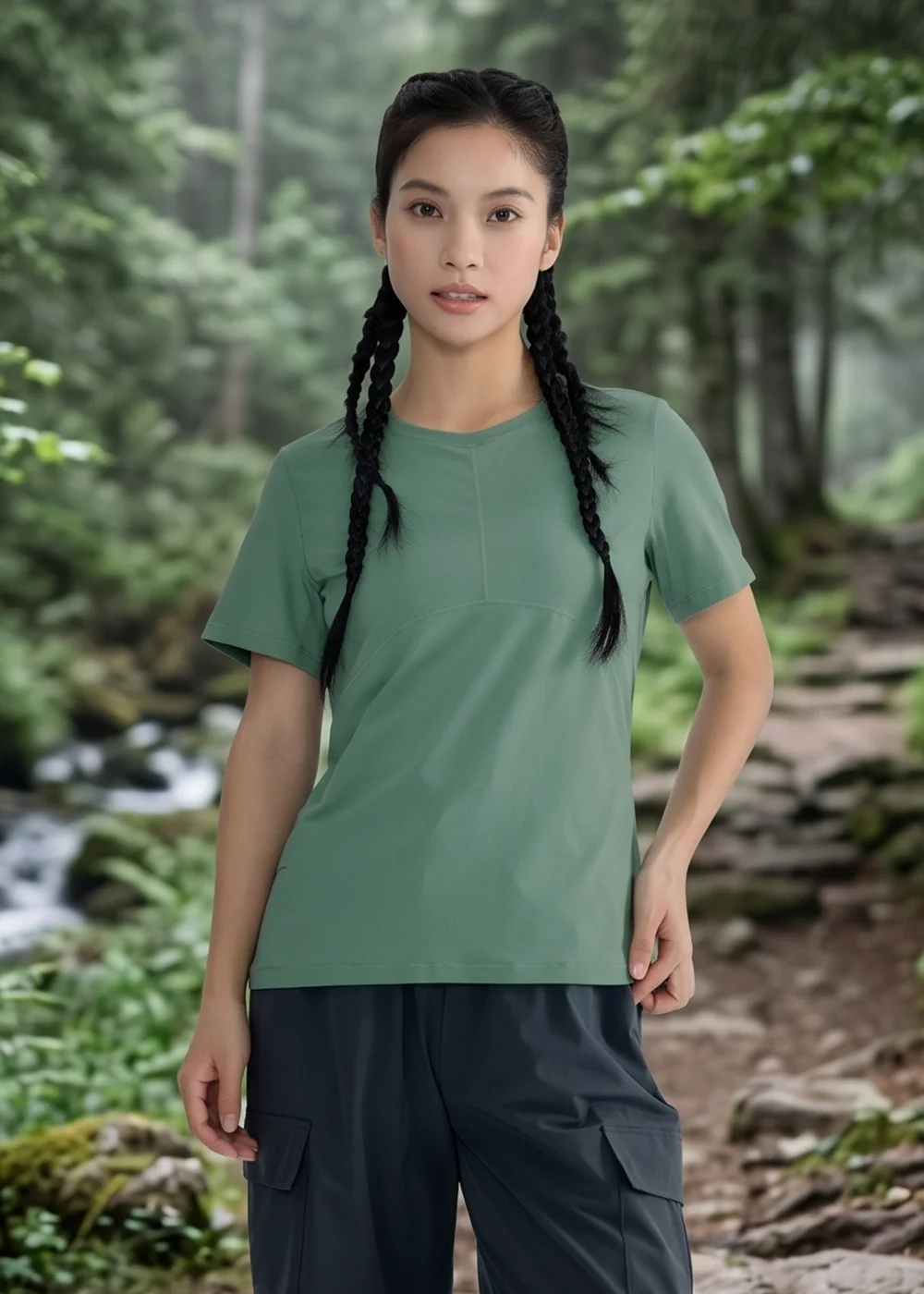 模特兒身穿草綠色機能短 T 與深灰色工作短褲,背景為森林溪流步道,展現自然休閒風格。