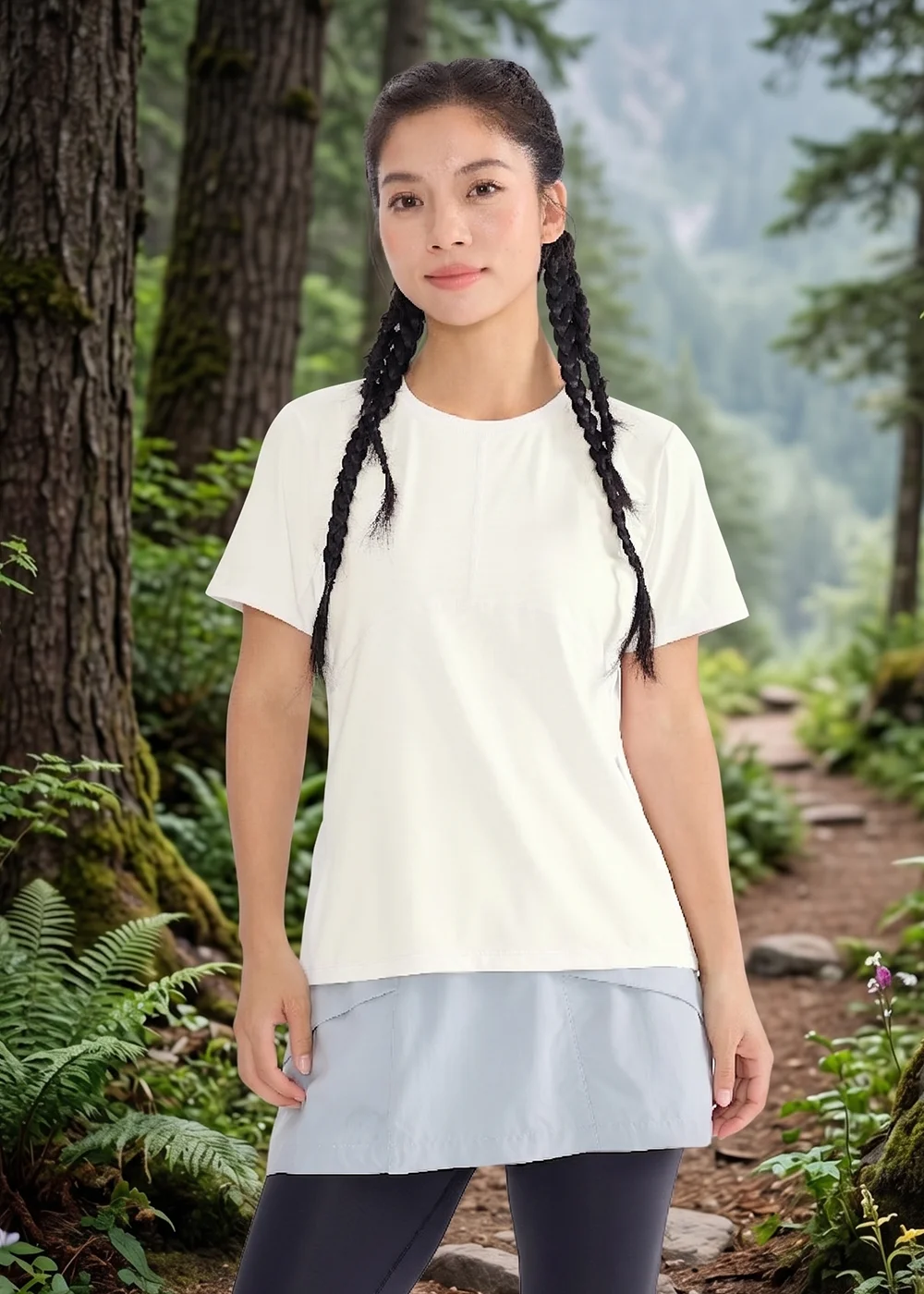 模特兒穿著白色圓領運動短 T,搭配淺藍色運動裙與內搭褲,站在茂密的森林步道背景前。