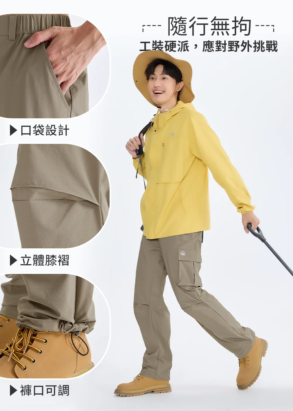 男士Suptex工裝機能長褲細節解析,展示隨行無拘的結構設計,包含:實用口袋設計、活動方便的立體膝褶、防風防蟲的抽繩褲口可調設計,右側為模特兒身穿黃色防風外套與卡其色工裝長褲的全身邁步穿搭