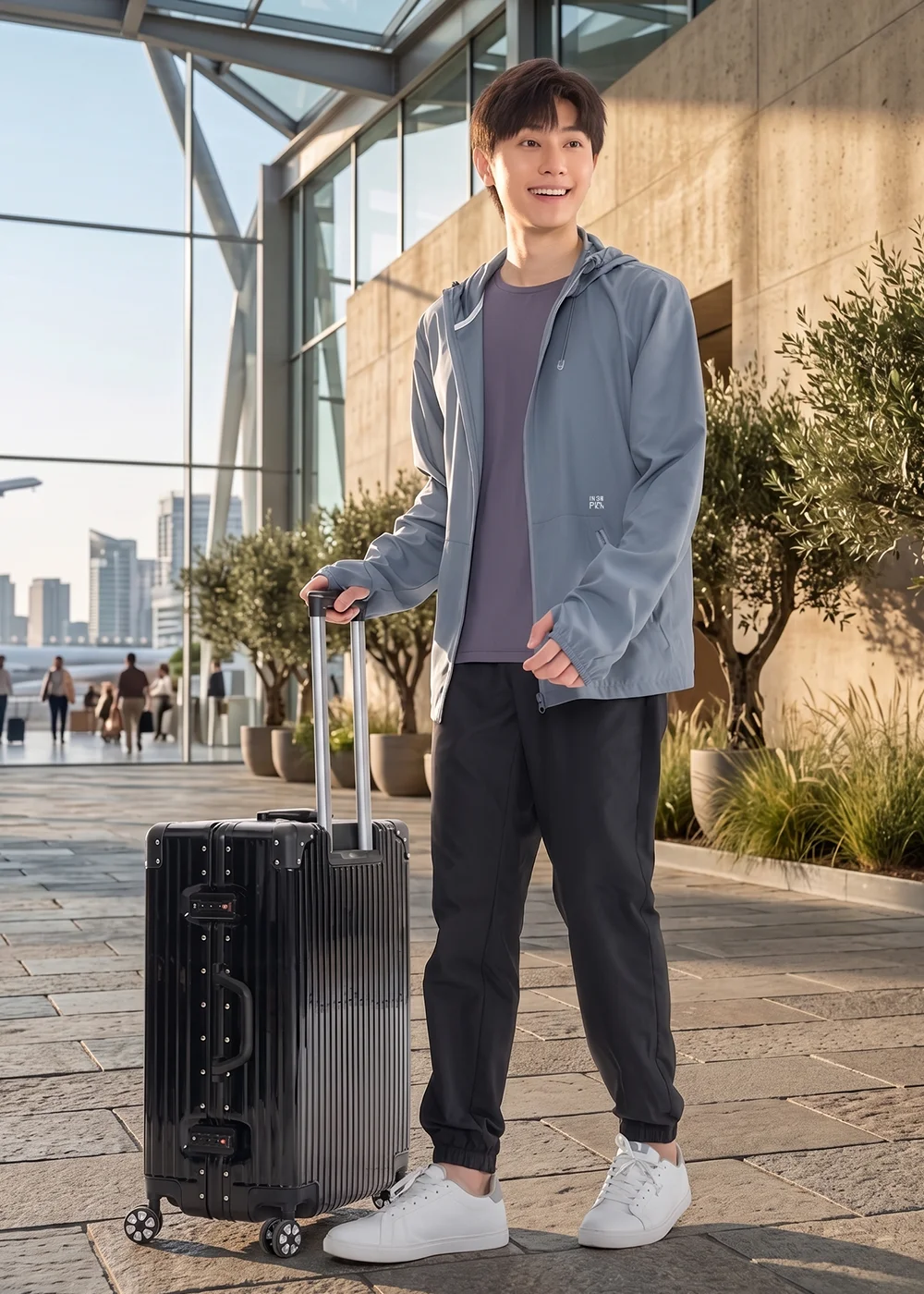 穿著 Suptex 涼感機能外套的男模特兒推著黑色行李箱,於現代建築機場大廳展示商務旅行穿搭