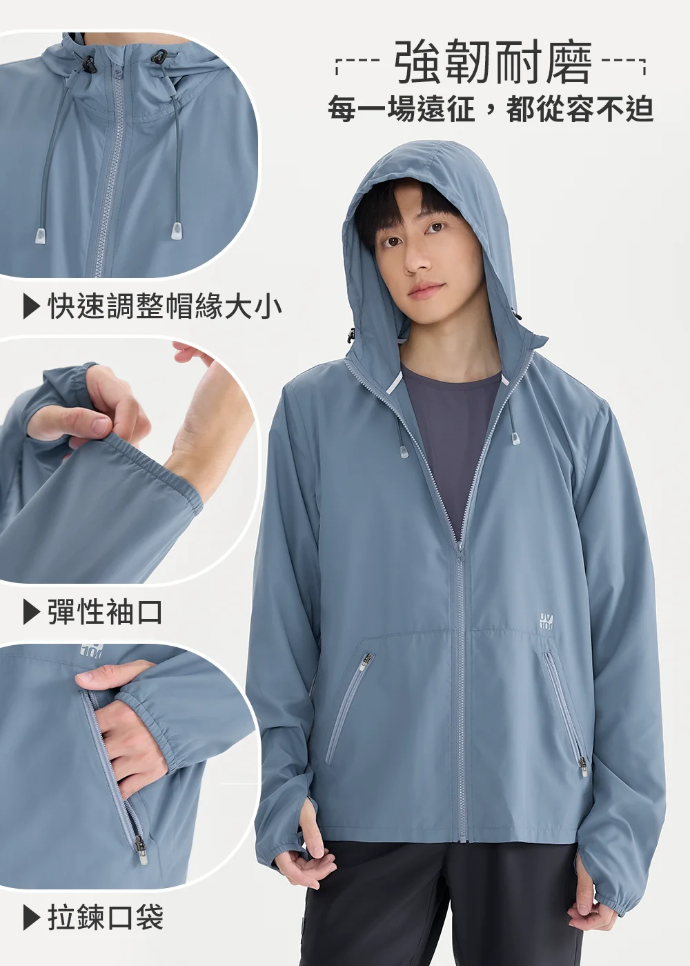 Suptex 強韌耐磨外套功能特寫:快速調整帽緣、彈性袖口與隱形拉鍊口袋設計,高品質機能布料細節