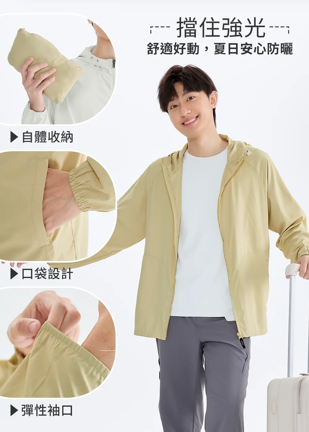 男士機能防曬外套細節功能圖,展示自體收納成小包、拉鍊口袋設計與彈性袖口,男模特兒手扶行李箱點出夏日安心出遊防曬賣點