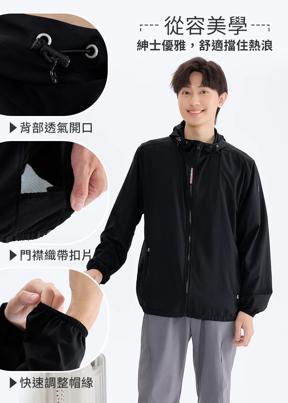 Suptex 機能外套細節功能:背部透氣開口、門襟織帶扣片與快速調整帽緣,黑色紳士優雅風格機能衣解析