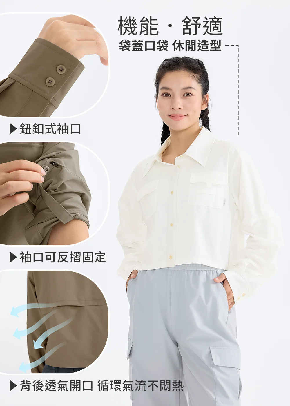 女款抗UV涼感外套細節功能展示,鈕扣式袖口、袖口可反摺固定與背部透氣開口設計提升舒適度。