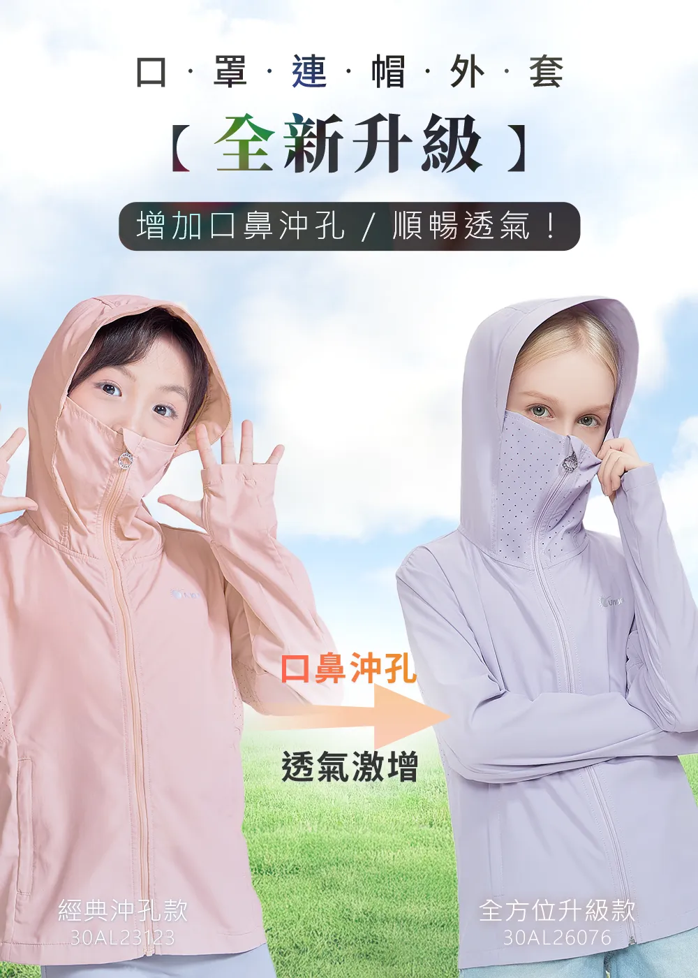 新舊款對比示範,強調全新升級款在口鼻區域大幅增加沖孔面積,讓孩子拉起口罩時透氣感激增、呼吸更加順暢不悶熱。