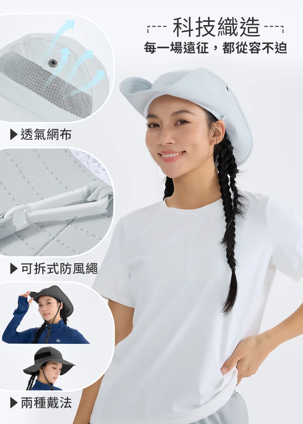 防曬遮陽帽功能細節:側邊透氣網布設計提升排熱效率、可拆卸式防風繩,並展示帽簷平戴與翻折造型的兩種穿戴方式。