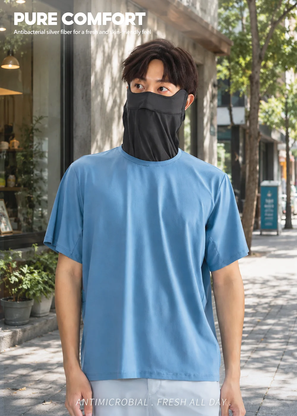 模特兒在都會通勤情境演繹暗夜黑款銀纖維抗菌面罩,展現高級銀纖維健康布貼膚清爽、不悶黏的質感。