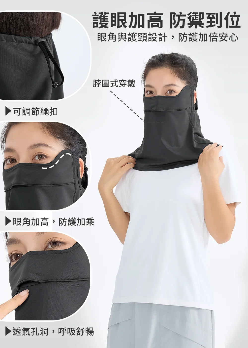 產品機能全解析圖:清楚標示 眼角加高防護、透氣呼吸孔洞、可調節繩扣及脖圍式穿戴 設計,全方位滿足散熱與遮陽需求。