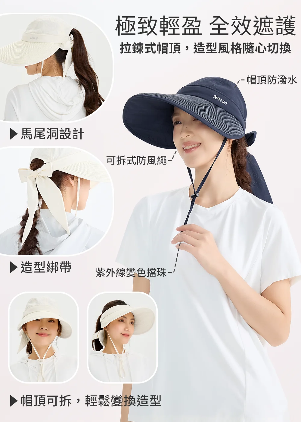展示帽頂防潑水環保布料、馬尾友善開口、隱藏式拉鍊結構與甜美蝴蝶結造型細節。