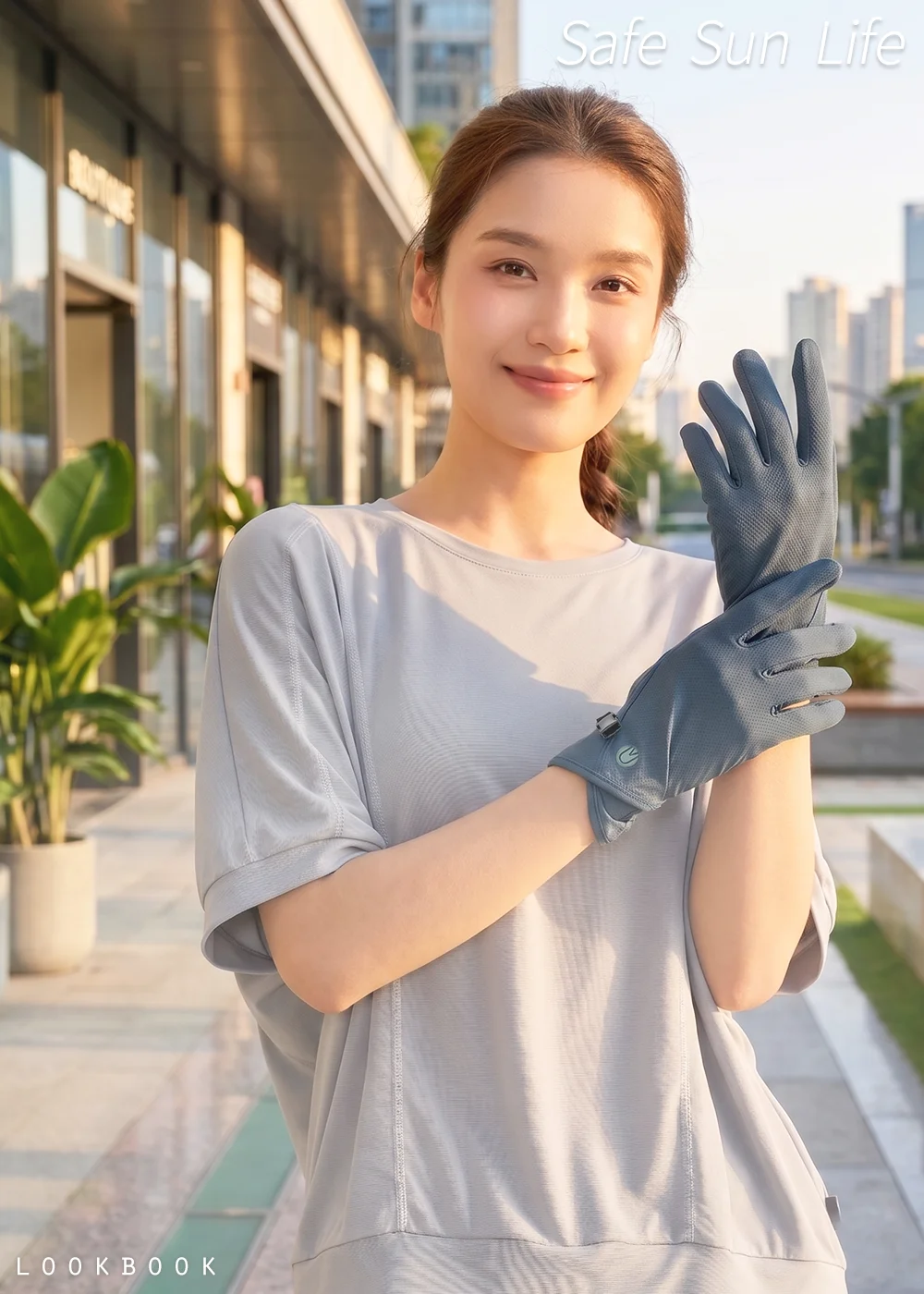 展示寧靜藍款Apex涼感彈性掀指造型手套穿戴效果,外觀維持高遮蔽防曬設計,帶來俐落清爽的日常通勤風格。