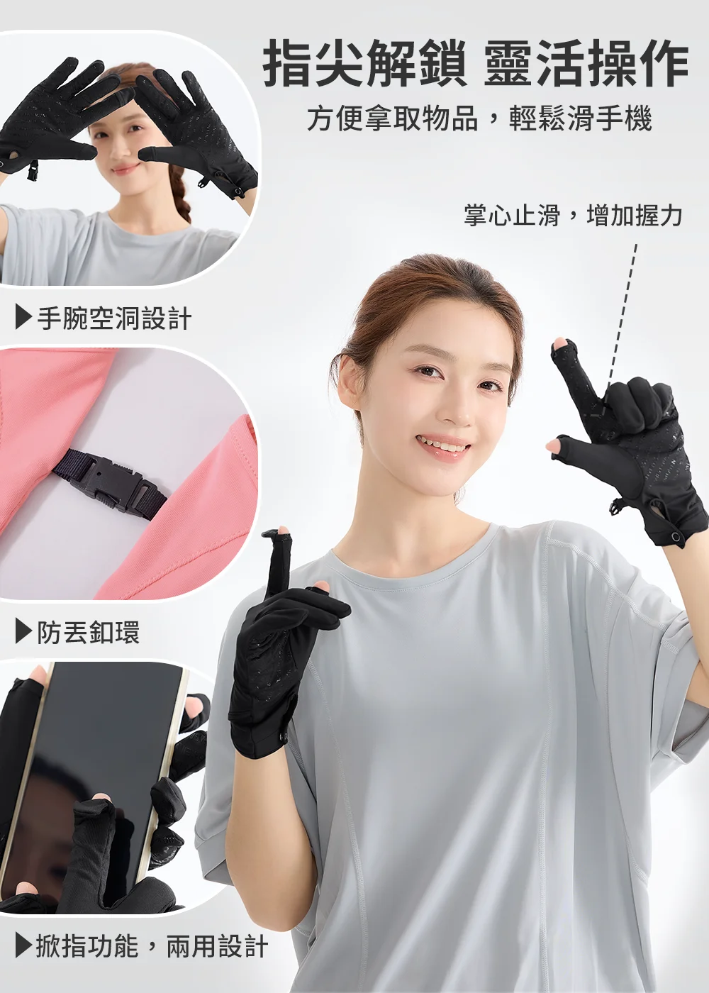 產品機能構造全解析:清楚標示掀指功能、掌心止滑增加握力、防丟釦環及手腕內側鏤空,全方位呈現夏日防曬與散熱優勢。