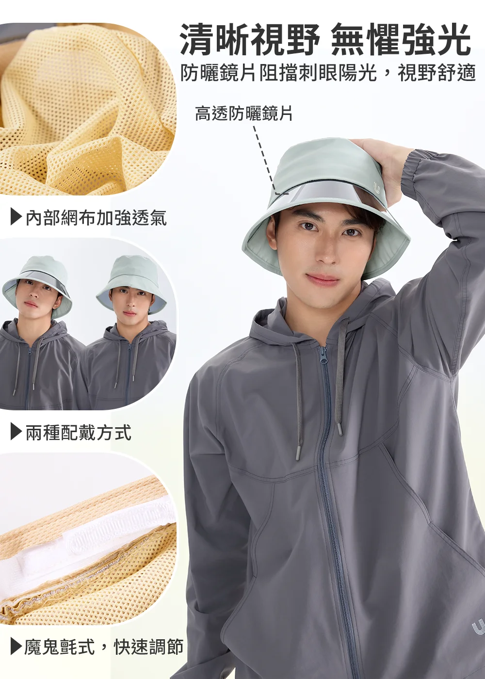產品機能構造展示,包含內部加強透氣網布、高品質偏光防曬鏡片、多變的兩種配戴方式,以及方便穩固的魔鬼氈式快速調節細節。