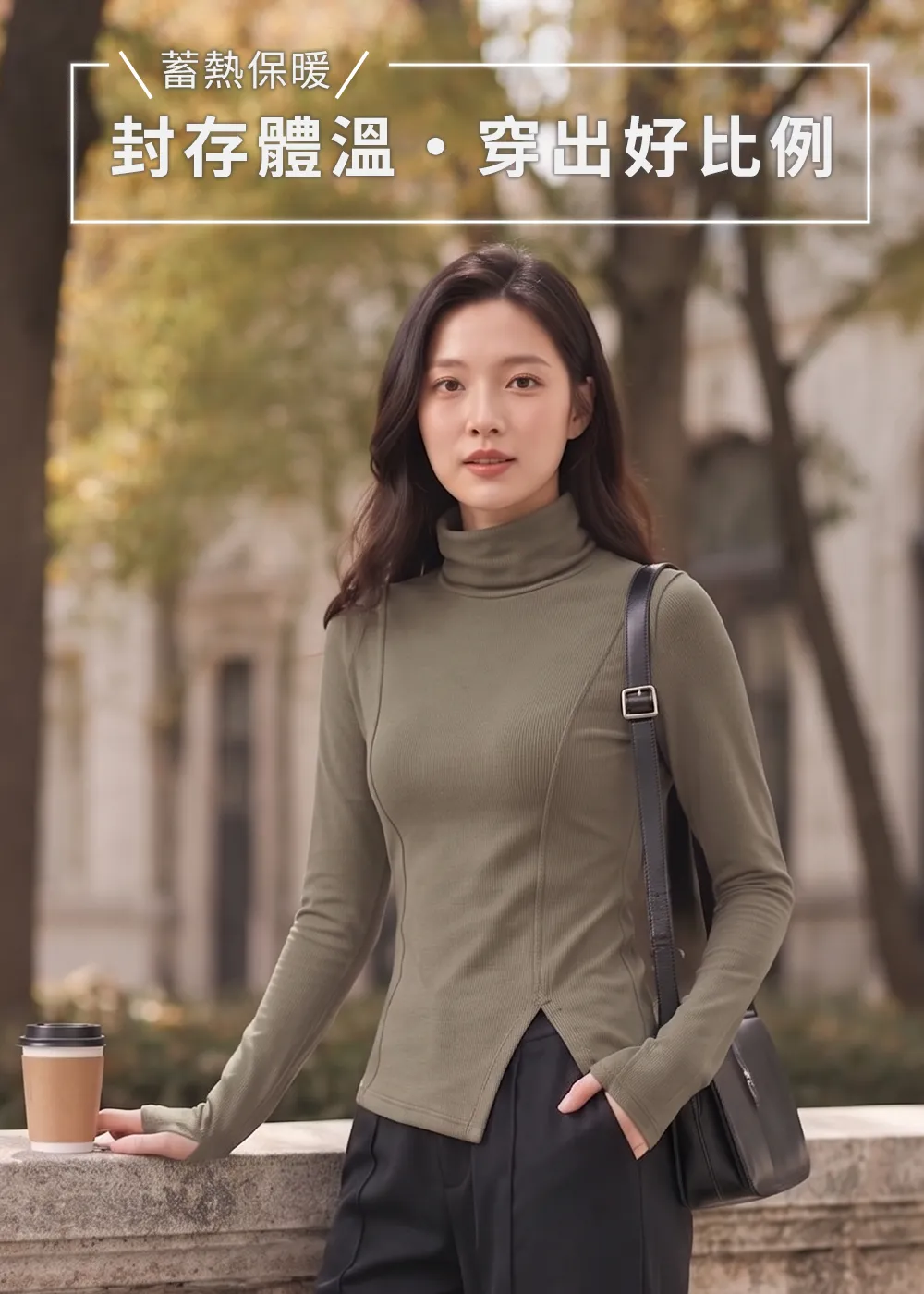 女款科技羊毛吸濕抑菌高領長袖上衣,摩卡褐蓄熱保暖修身剪裁與不對稱下襬穿搭
