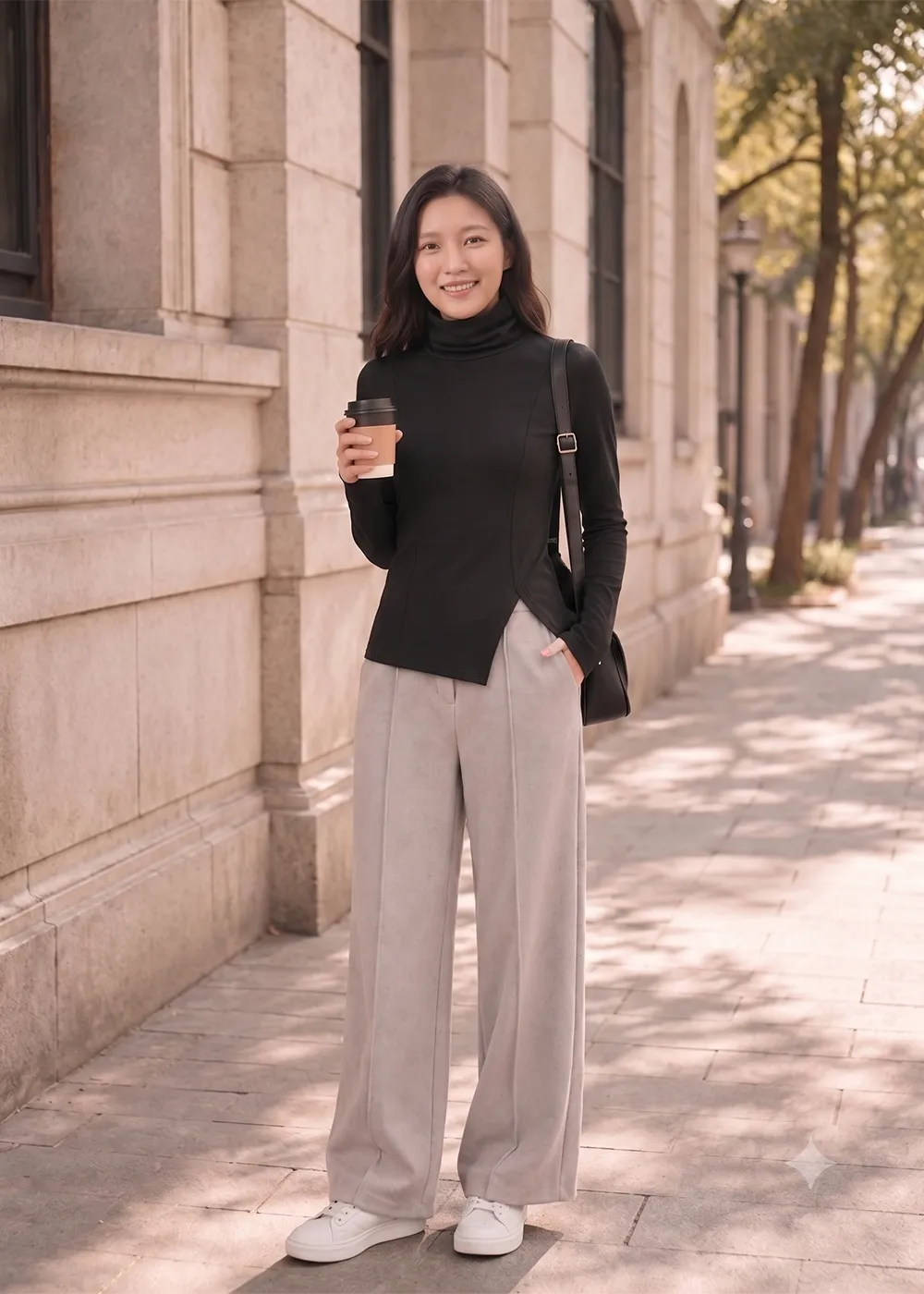 女款暗夜黑科技羊毛高領造型長袖上衣,結合長袖拇指洞貼合鎖溫的精緻都會風格