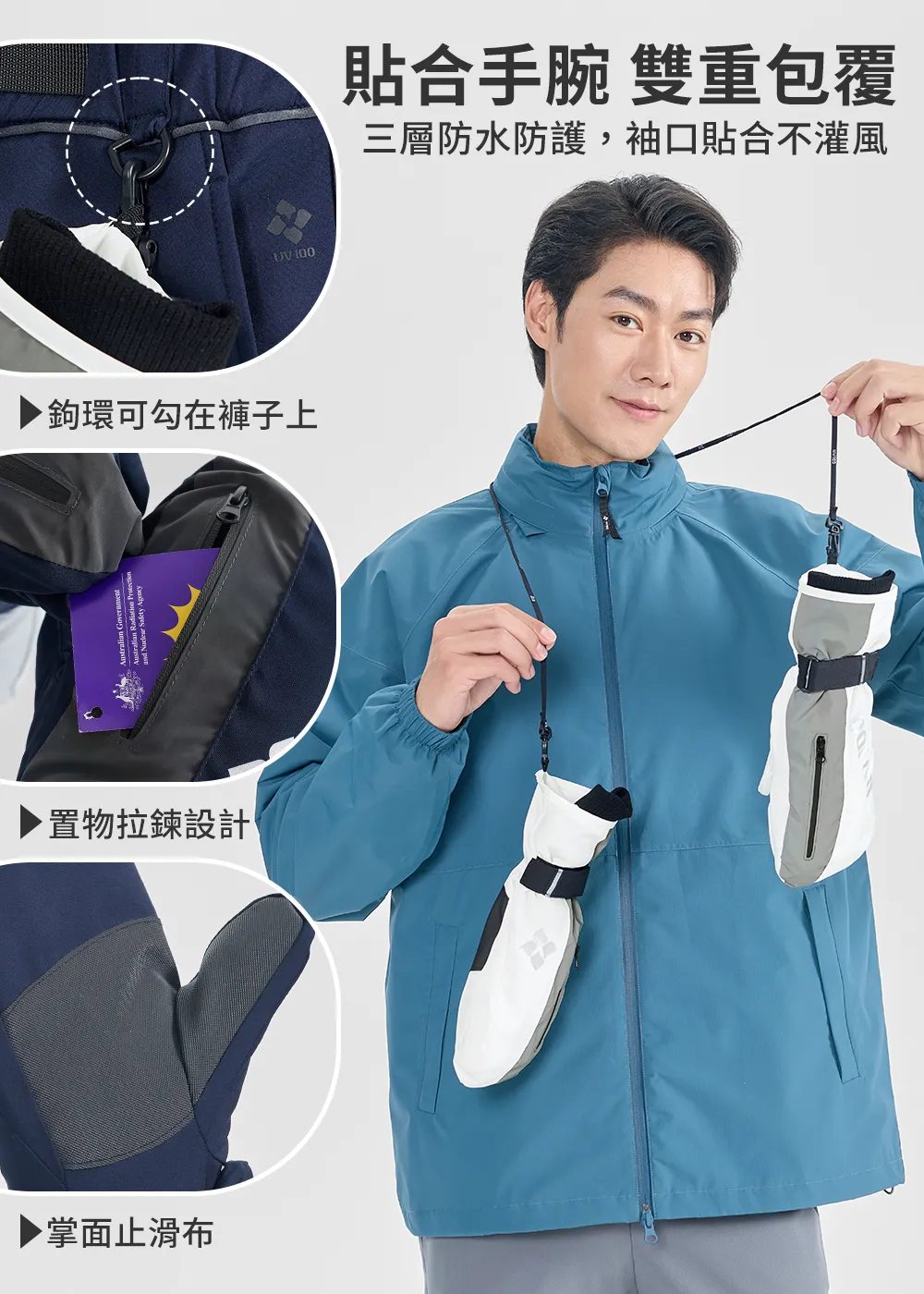 防水科技羊毛遠紅舒絨連指手套細節解析:防丟鉤環、感應卡置物拉鍊與掌面止滑布