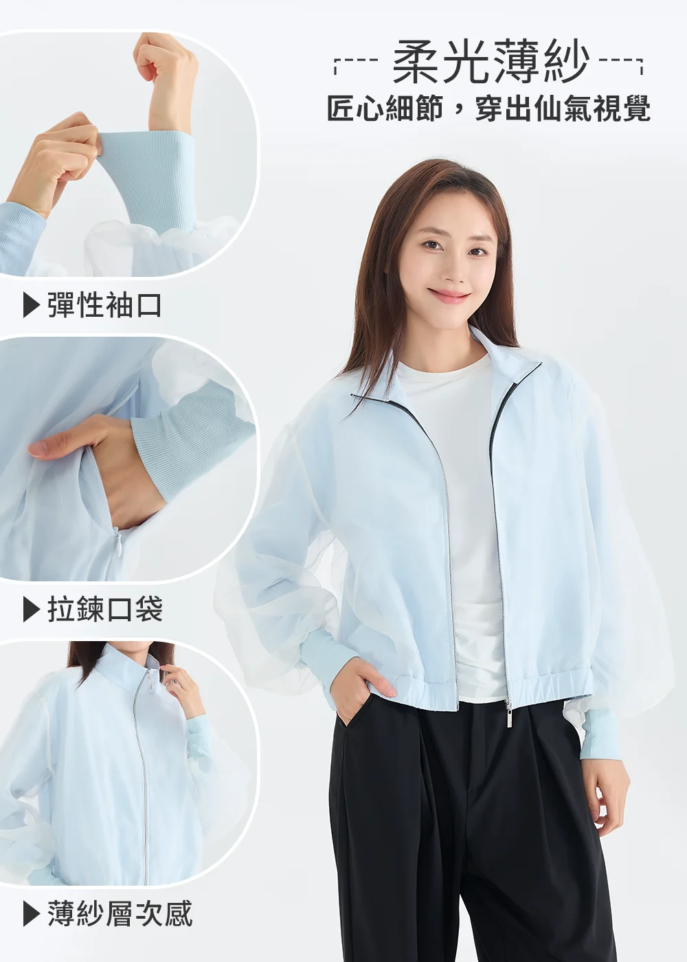 Suptex 機能防曬薄紗外套細節展示:彈性袖口設計、實用拉鍊口袋、精緻薄紗層次美。機能與時尚完美結合,穿出仙氣視覺。