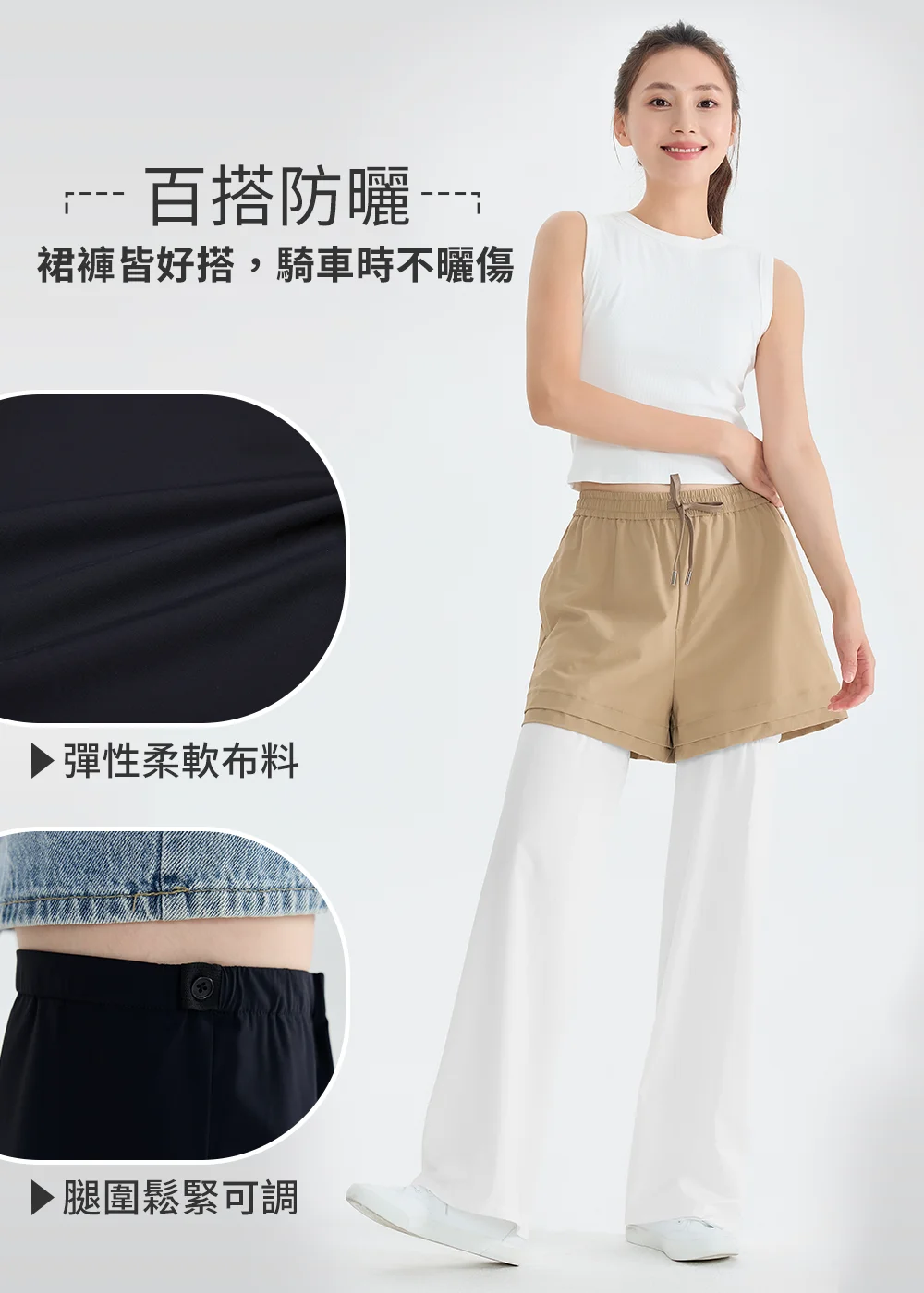 產品機能構造全解析:清楚展示天使白款配戴防曬腿套搭配卡其短褲的整體效果,並放大特寫呈現彈性柔軟布料的機能橫紋質感,以及腿圍鬆緊可調配備鈕扣的結構設計,全面呈現百搭防曬的設計優勢。