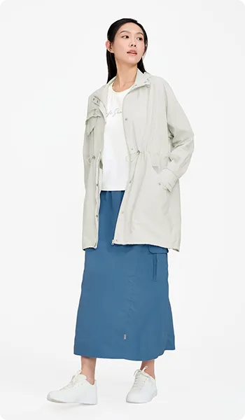 抗UV-環保防潑水中長版風衣外套-女