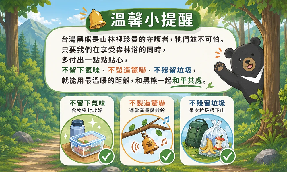 台灣黑熊山林友善宣導圖，介紹登山健行守則，包括食物密封保存、不留下氣味、適當使用熊鈴、不亂丟垃圾並將垃圾帶下山，降低對野生動物的干擾，推廣友善山林與無痕山林觀念。