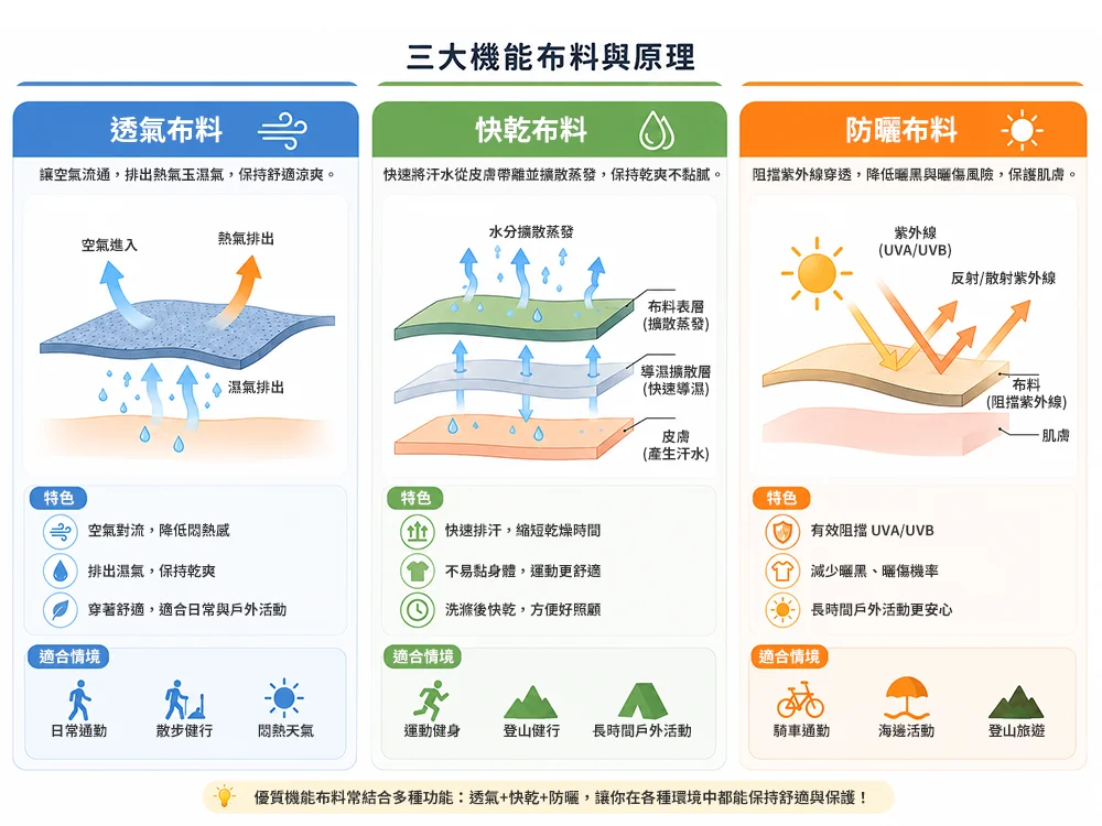 三大機能布料比較圖，介紹透氣、快乾與防曬布料的作用原理、特色及適用情境，幫助了解不同機能布料的差異與使用時機。