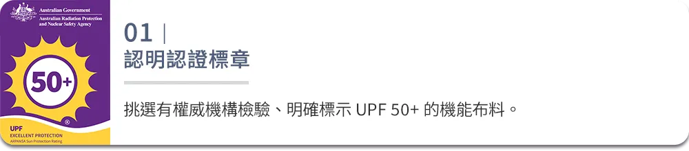 01｜認明認證標章 挑選有權威機構檢驗、明確標示 UPF 50+ 的機能布料。 