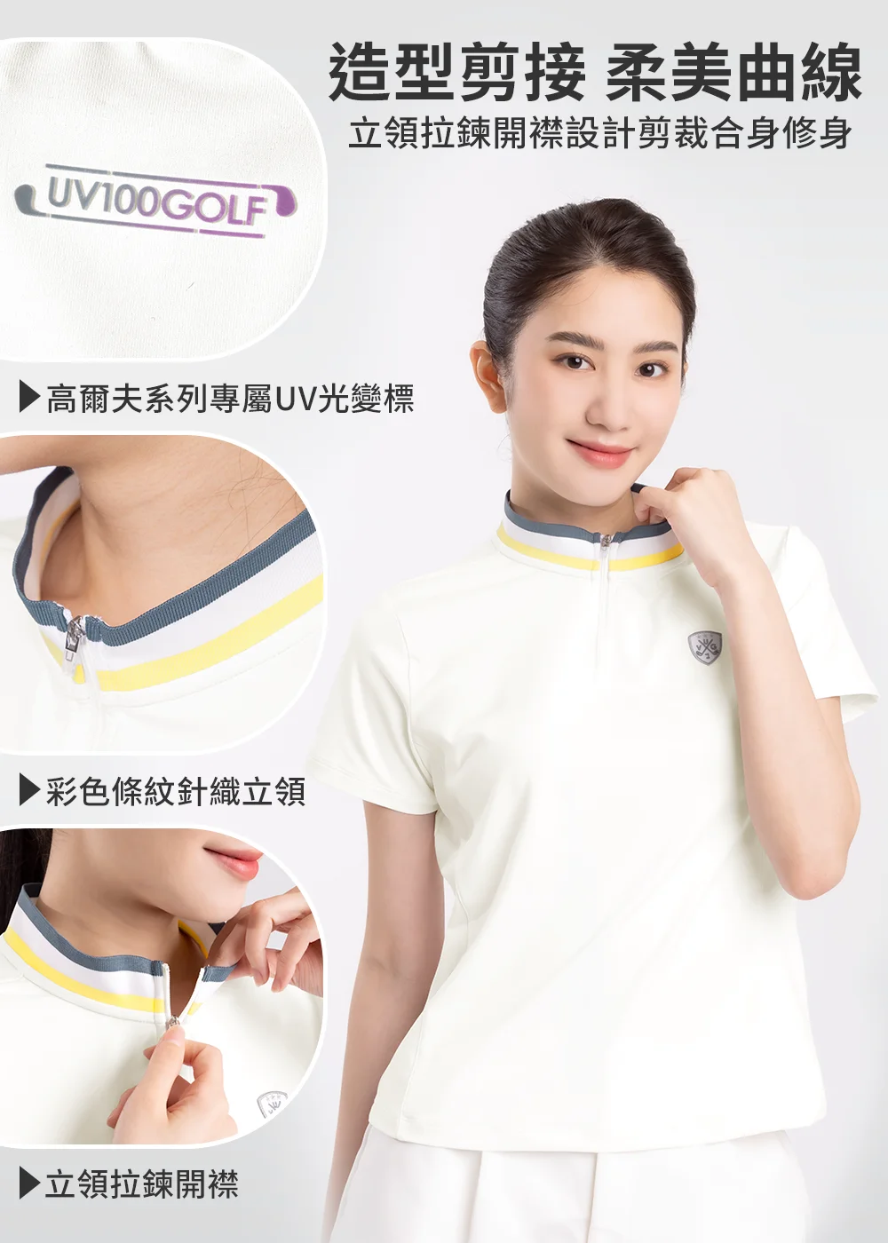 產品機能與核心構造全解析：1. 高爾夫系列專屬 UV 光變標、2. 彩色條紋針織立領 的細膩質感、3. 立領拉鍊開襟 的便利設計，全面解構其修身剪裁與機能工藝。