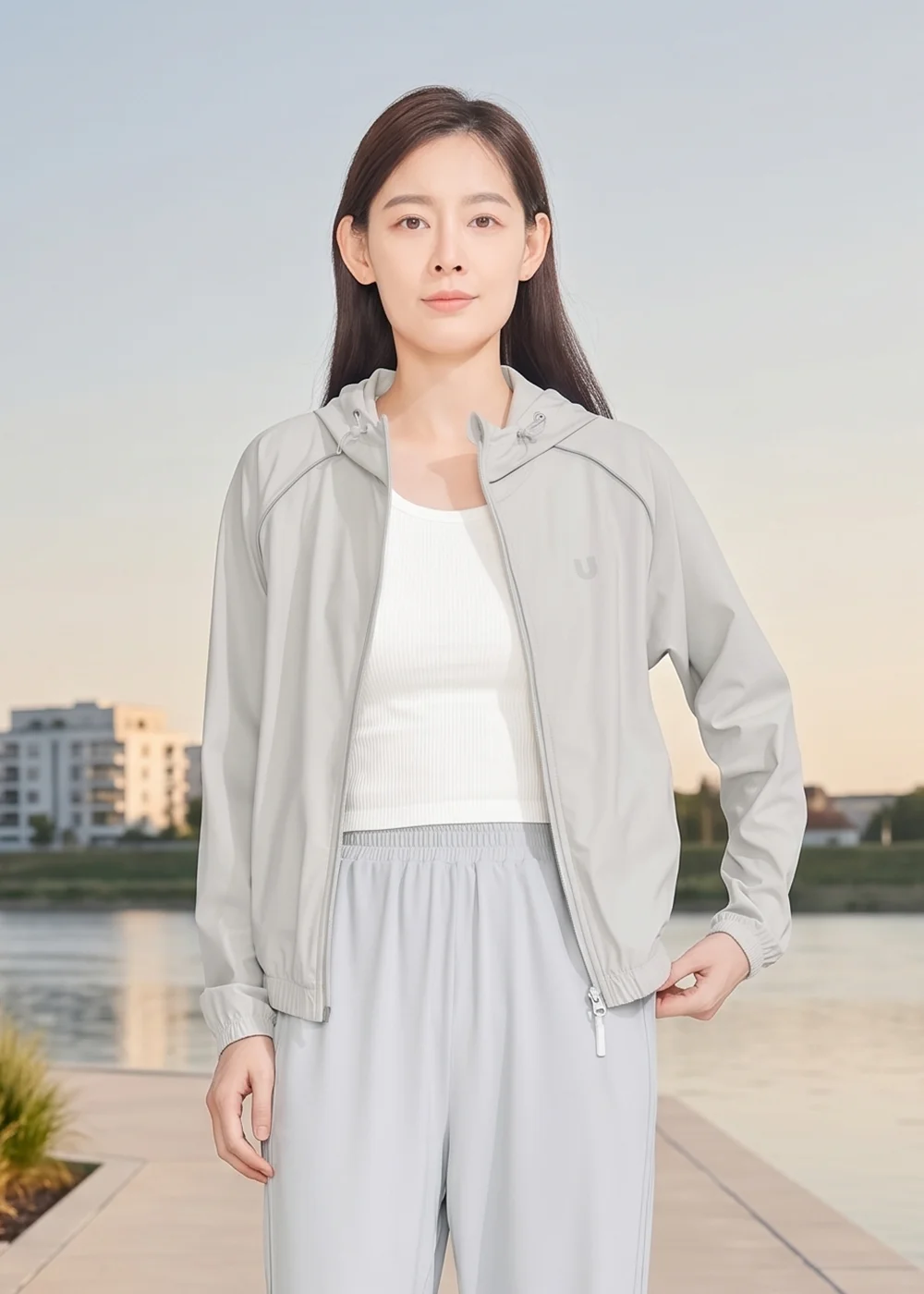 都會休閒風格展示，模特兒身穿淺灰色防曬外套與同色系束口褲，在河岸步道夕陽背景下體現簡約百搭的機能美學。