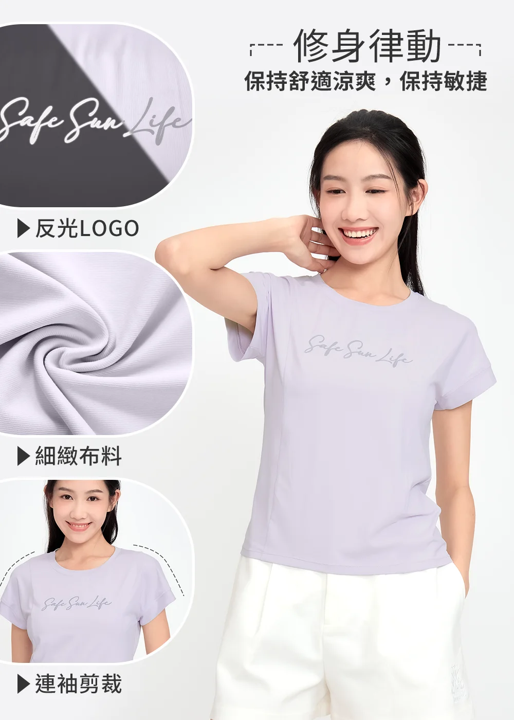 商品細節解說圖，標註反光 LOGO、細緻布料及連袖剪裁，強調修身律動與涼爽舒適。
