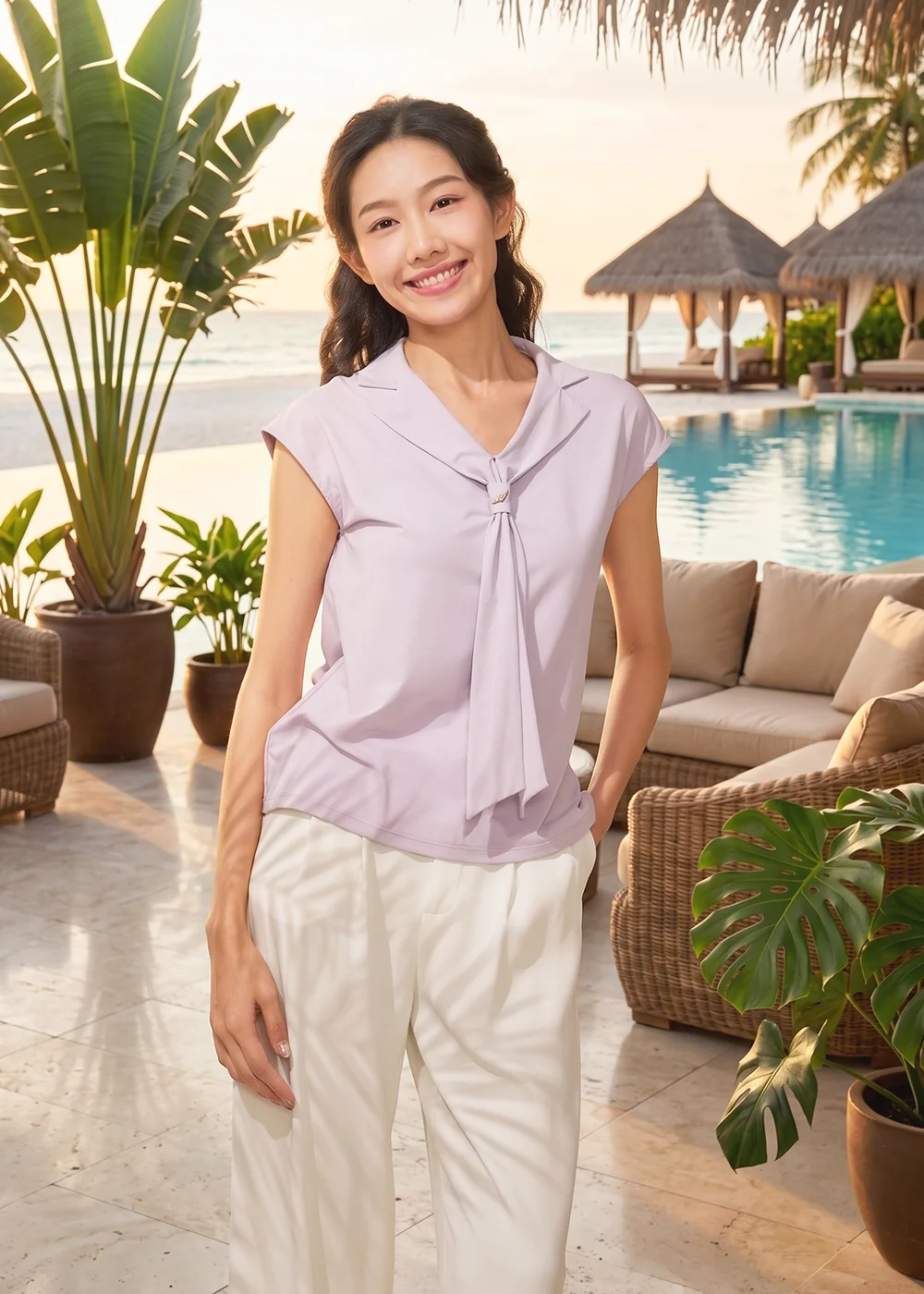 女模特兒身穿 灰霧紫款 緞結芳韻連袖上衣，下著白色休閒長褲，展現涼感平紋彈性針織布料在陽光下的高級光澤感與舒適渡假風情。
