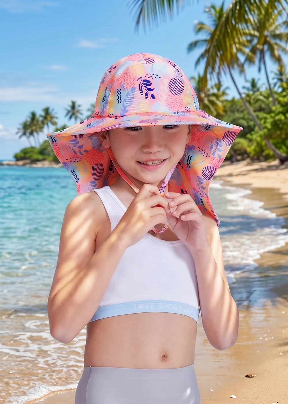 兒童大沿護頸遮陽帽特寫，小女孩在椰子樹影灑落的夏日沙灘上，身穿白色兩截式運動泳衣，雙手調整粉橘色繽紛印花防曬帽的帽帶，展現海島旅遊度假的舒適童趣。