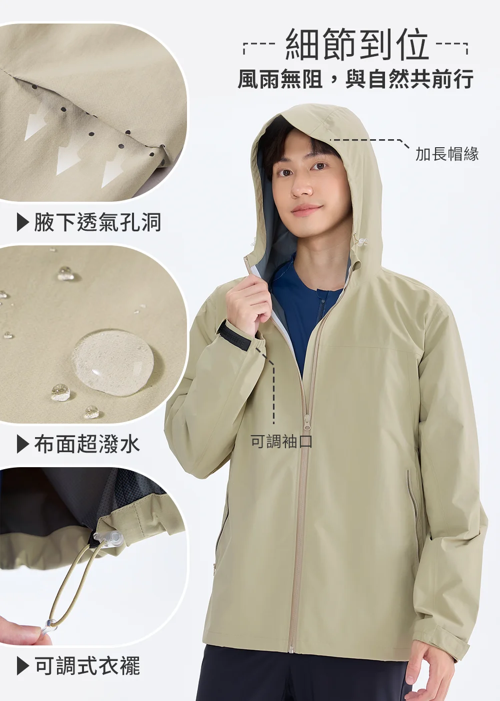 UV100 機能防風防曬外套細節展示，包含腋下透氣孔洞設計、布面超潑水功能、可調式衣襬、加長帽緣與可調袖口，男性模特兒示範穿著（卡其）。