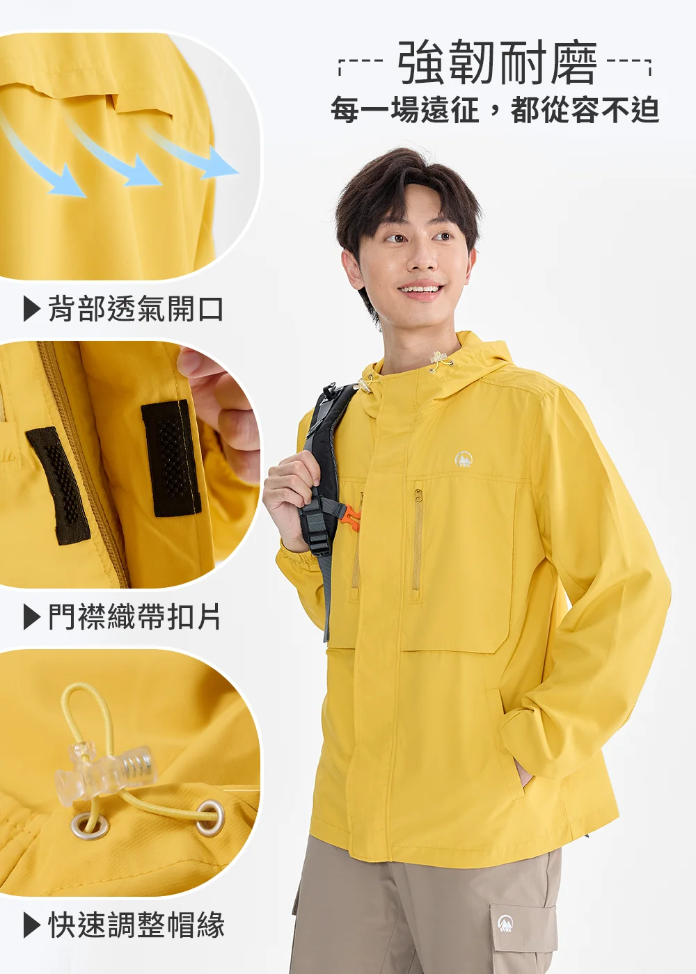 Suptex 機能外套細節解析：背部透氣開口、門襟織帶扣片及快速調整帽緣設計，強韌耐磨機能布料展示