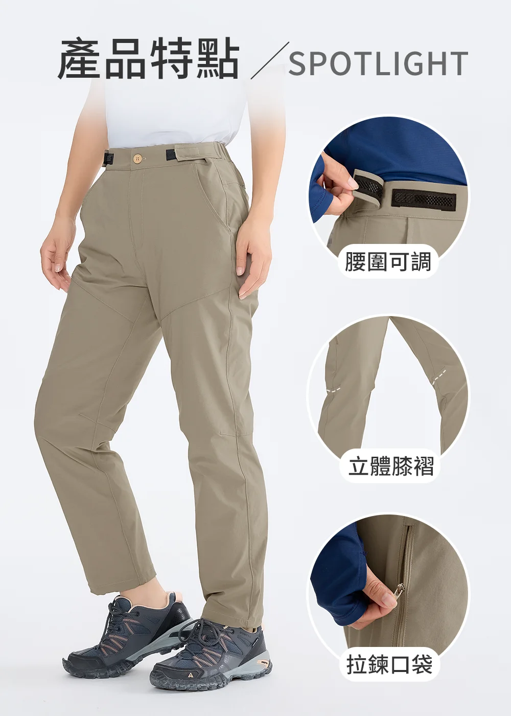 產品細節介紹：展示腰圍可調、活動不受限的立體膝褶，以及安全拉鍊口袋方便收納不掉落。