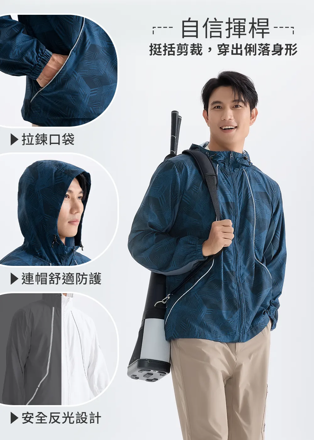 SUPTEX防曬連帽外套細節介紹，深藍色幾何花紋款，主打拉鍊口袋、連帽舒適防護與夜間安全反光條設計