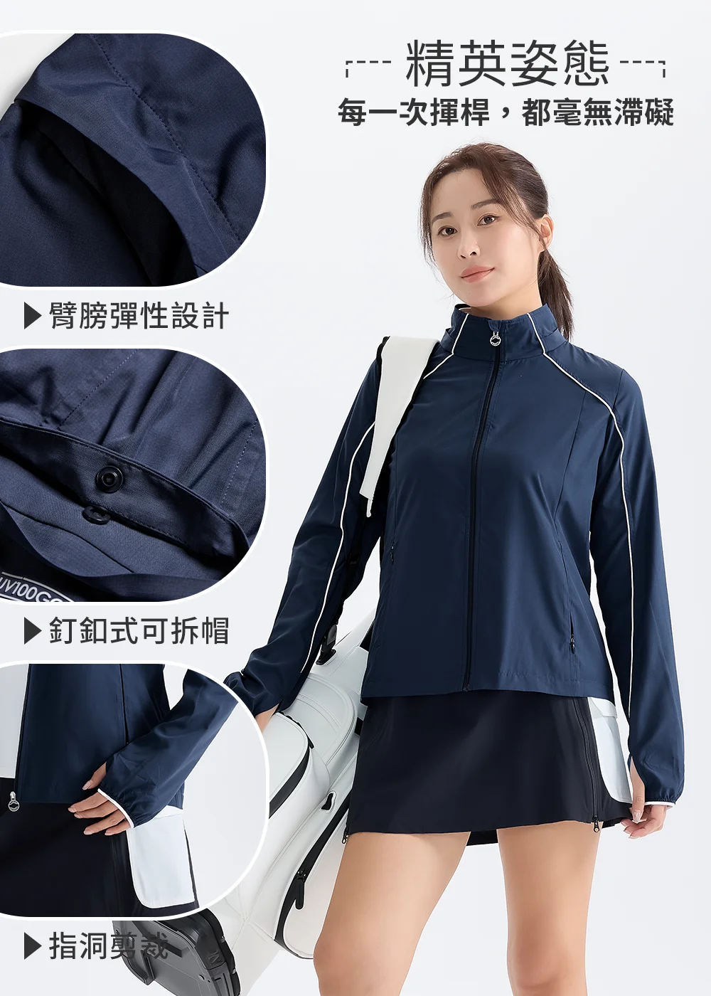 UV100 高爾夫機能外套功能介紹，特寫展示「肩膀彈性設計」、「釘釦式可拆帽」與防止袖口上滑的「指洞剪裁」，深藍色設計展現精英運動姿態。