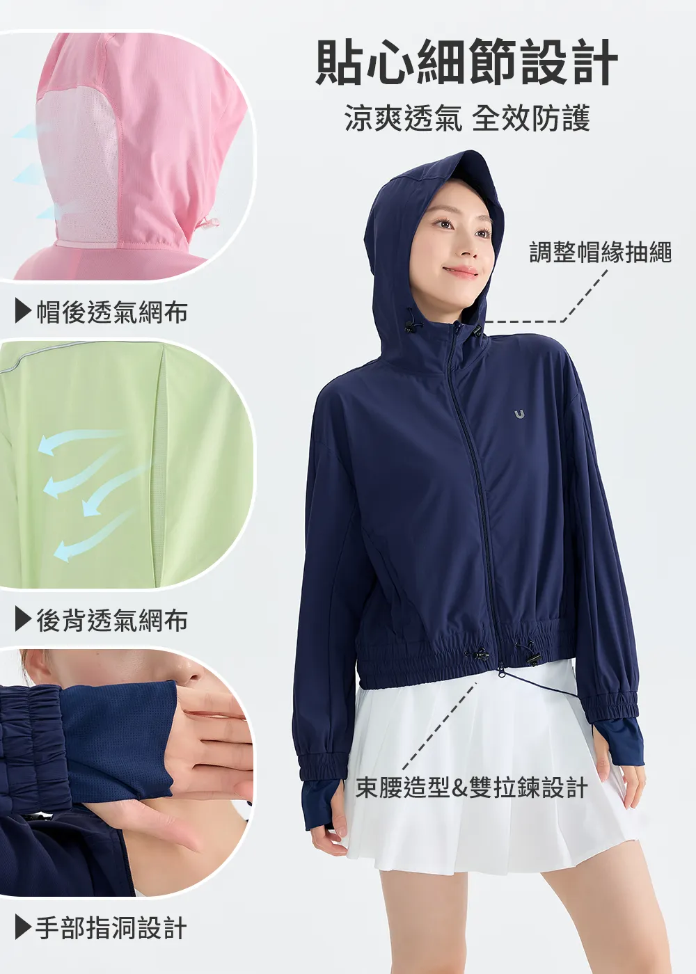 防曬外套細節設計：帽後透氣網布、後背透氣孔、手部指洞、束腰抽繩與雙拉鍊設計。