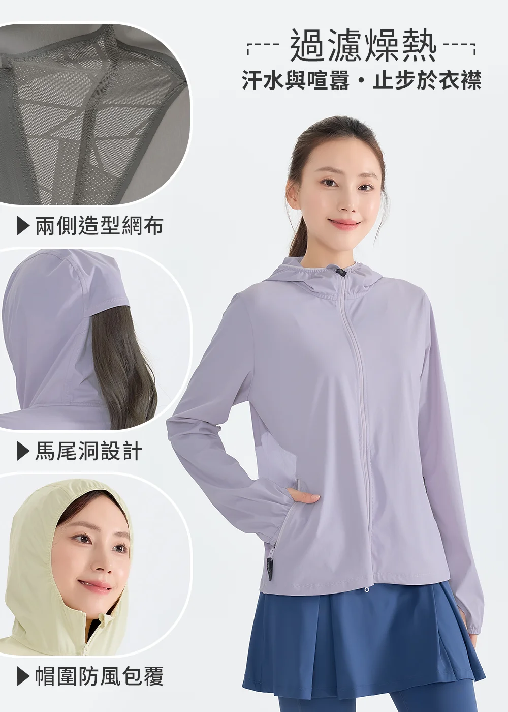 功能性防曬外套細節解析圖。主圖為女性穿著薰衣草紫機能外套；左側三個圓形特寫依序為：兩側造型透氣網布、連帽後方的馬尾洞設計、以及修飾臉型的帽圍防風包覆設計，右上角帶有「過濾燥熱」文案。