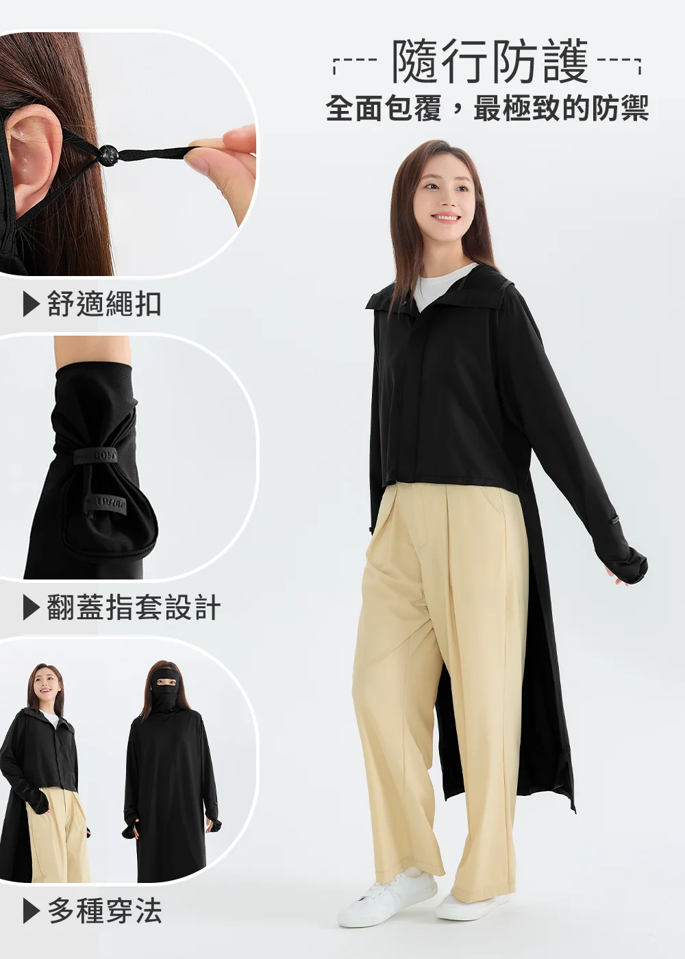 UV100 機能防曬衣細節解析：展示『隨行防護：全面包覆，最極致的防禦』，包含耳部舒適繩扣、翻蓋指套設計，與示範面罩及外套互換的多種穿法特寫。