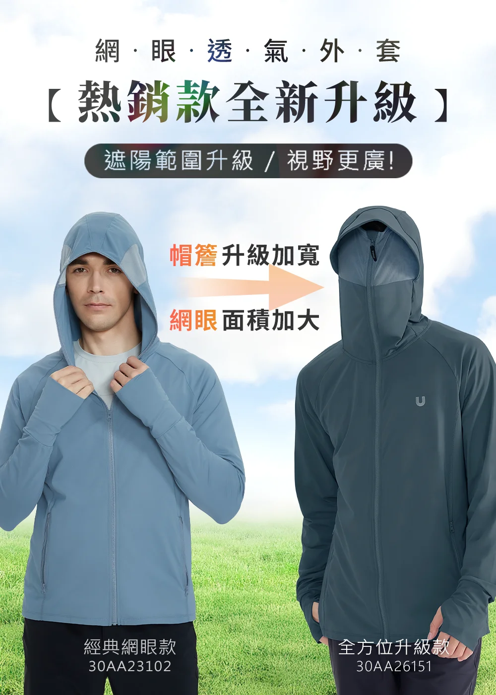 全新升級展示，對比經典款與升級款（30AA26151）。帽簷升級加寬且網眼面積加大，提供更廣的視野與升級的遮陽範圍。