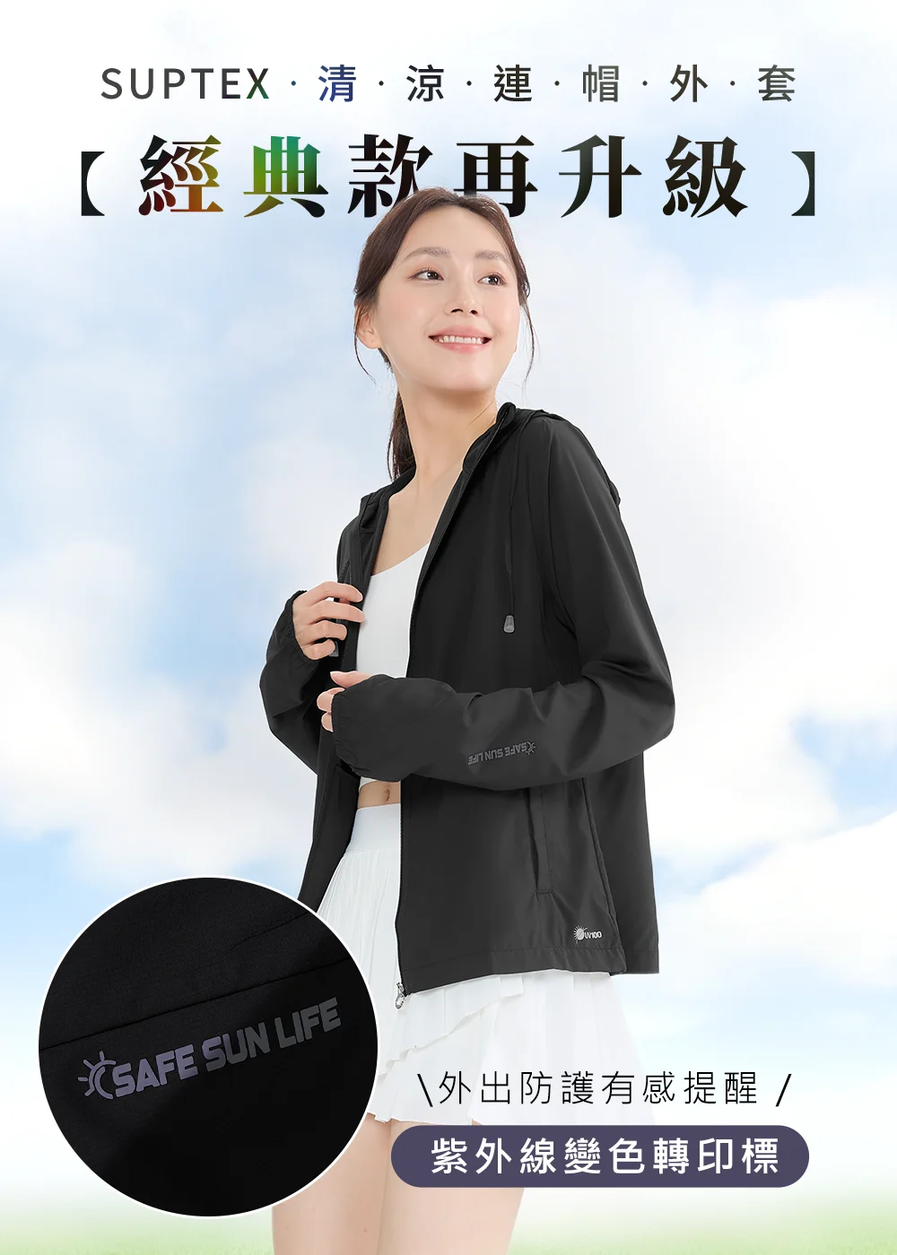 Suptex 經典升級款連帽外套，具備紫外線變色轉印標，感應陽光自動提醒防護。